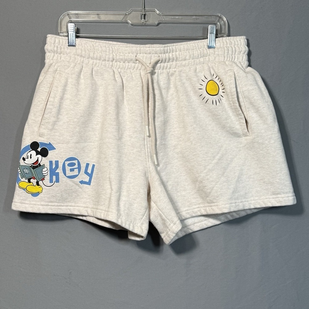 DISNEY Mickey Mouse Shorts Womens Large Cream Graphic Lounge Drawstring Travel